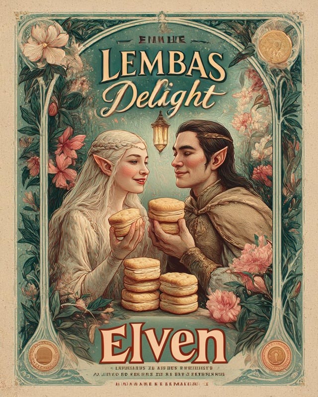 Elfovia si vychutnávajú magické sušienky Lembas v nádhernom prostredí plnom kvetov a jemných detailov.