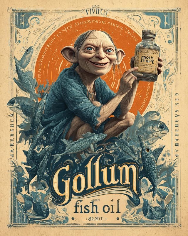 Kreatívny plagát s postavou držiacou fľašu rybacieho oleja obklopený rybami a ozdobnými nápismi.