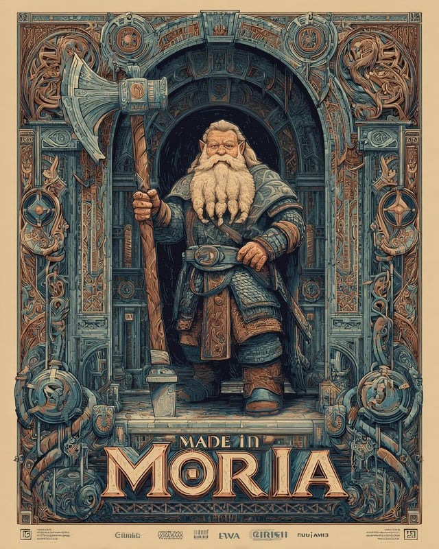 Trpaslík s dlhou bradou a sekerou pred ozdobným dverami, nápis Made in Moria v dolnej časti obrázku.