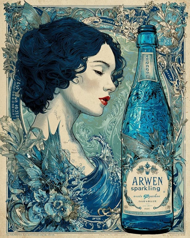 Ilustrácia ženy so šumivou vodou Arwen, art nouveau štýl, modré odtiene, kvetinové motívy.