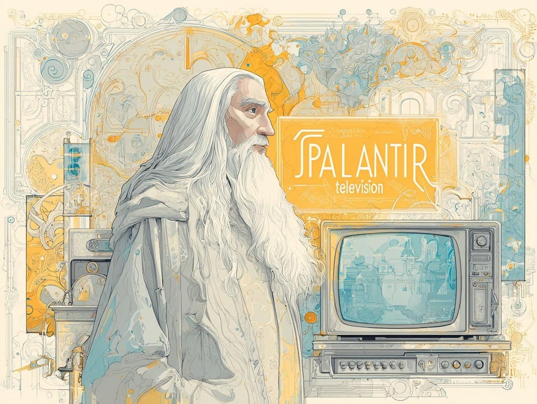 Starší múdry muž s dlhou bielou bradou stojí pri starom televízore pred nápisom Palantir television.