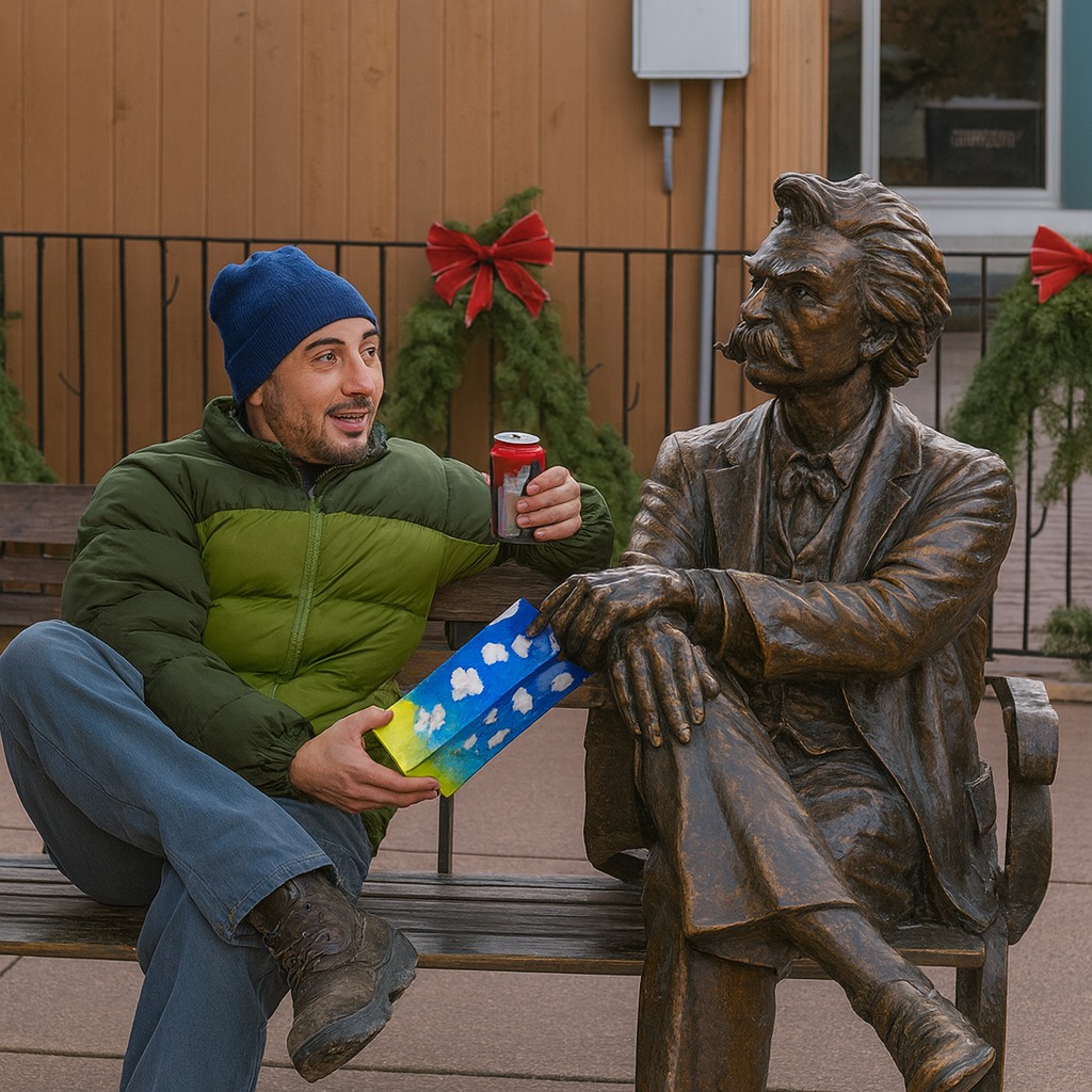 Muž na lavičke so sochou, držiaci obraz a plechovku, smiech v zimnom oblečení, vianočná výzdoba v pozadí.