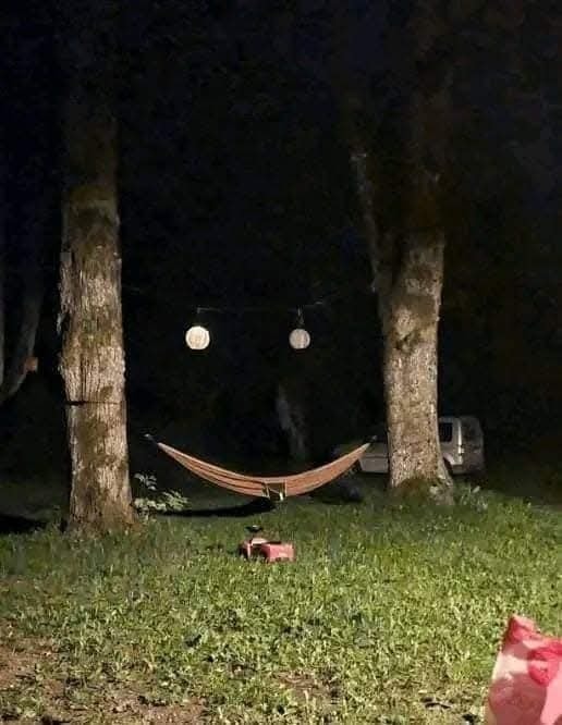 Záhradná nočná scéna s hojdacou sieťou medzi stromami, osvetlená lampiónmi.