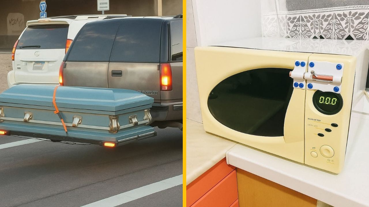Auta s rakvou vzadu a mikrovlnka s poistkou; nezvyčajné riešenia na cestách a v kuchyni.