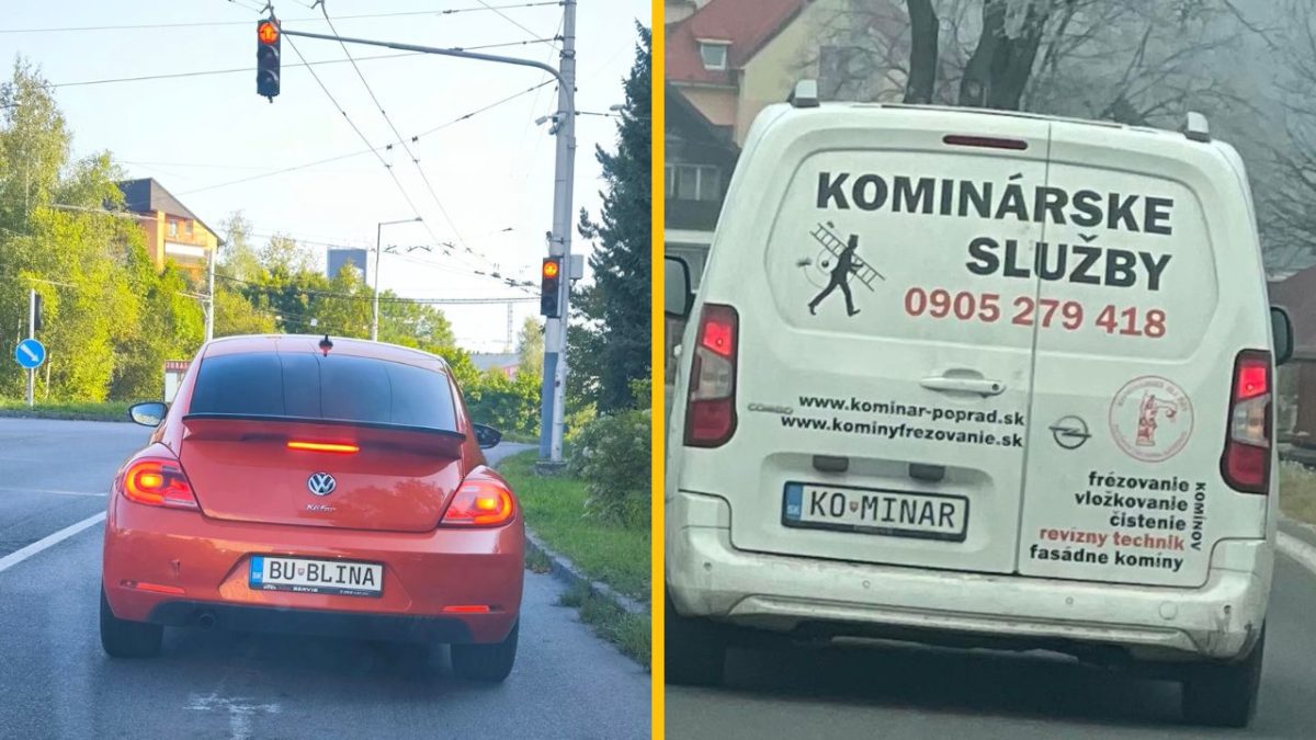Červené auto Volkswagen Beetle a biela dodávka kominárskych služieb na ceste s poznávacími značkami na Slovensku.