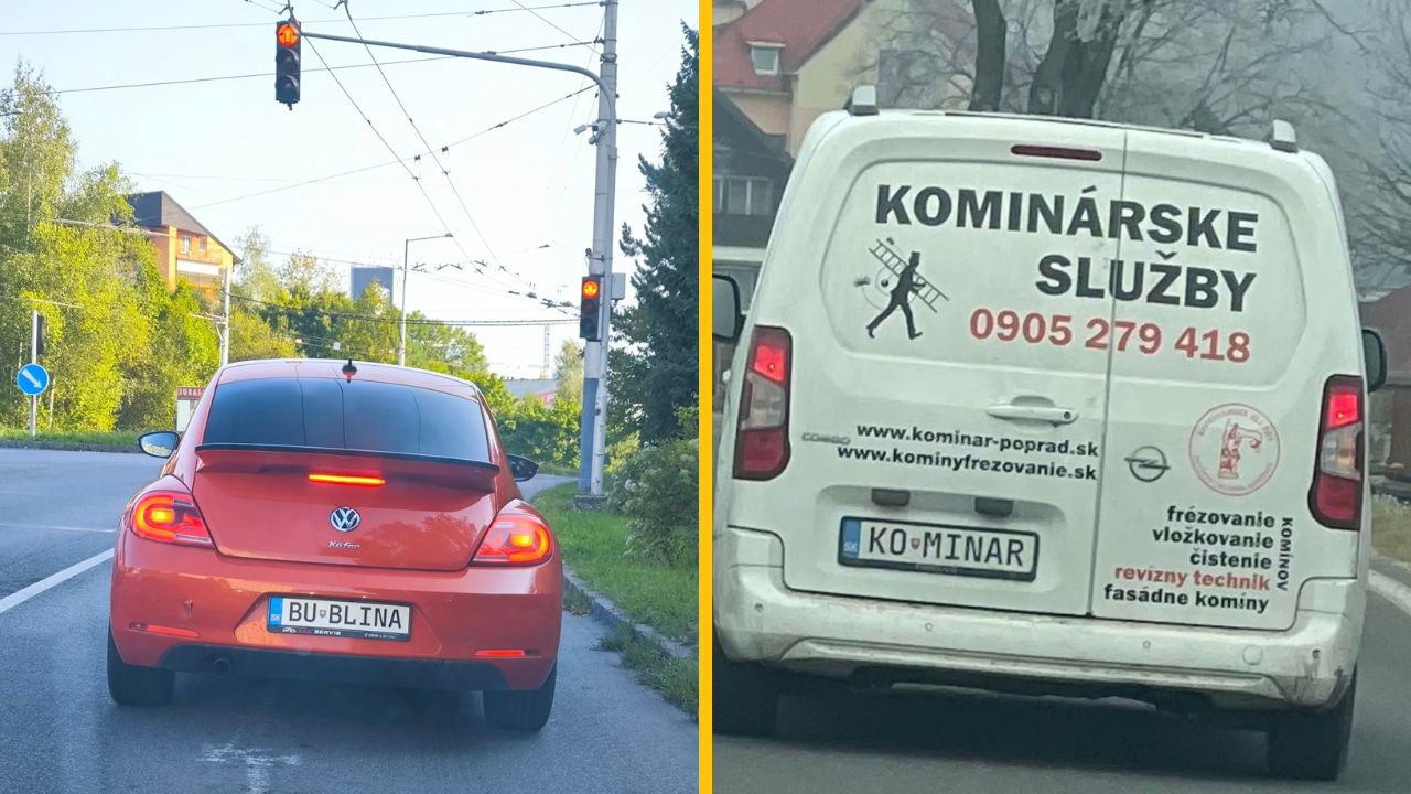 Červené auto Volkswagen Beetle a biela dodávka kominárskych služieb na ceste s poznávacími značkami na Slovensku.