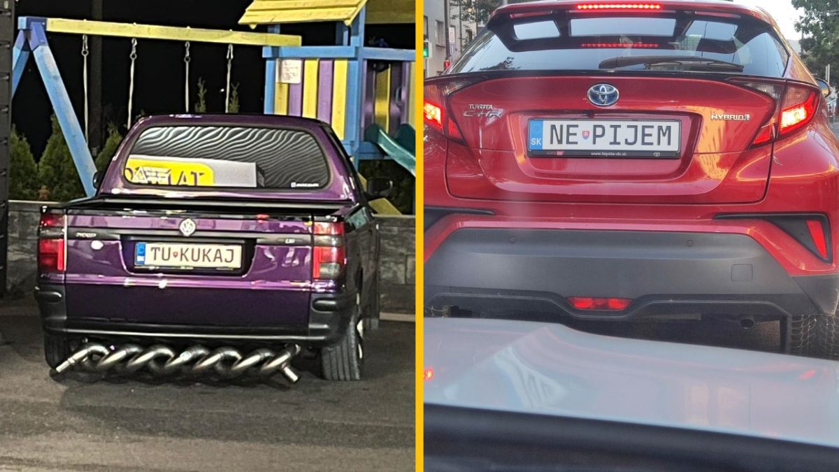 Fialové auto s výfukmi a značkou TU KUKAJ, červené auto s NE PIJEM v zadnej premávke.