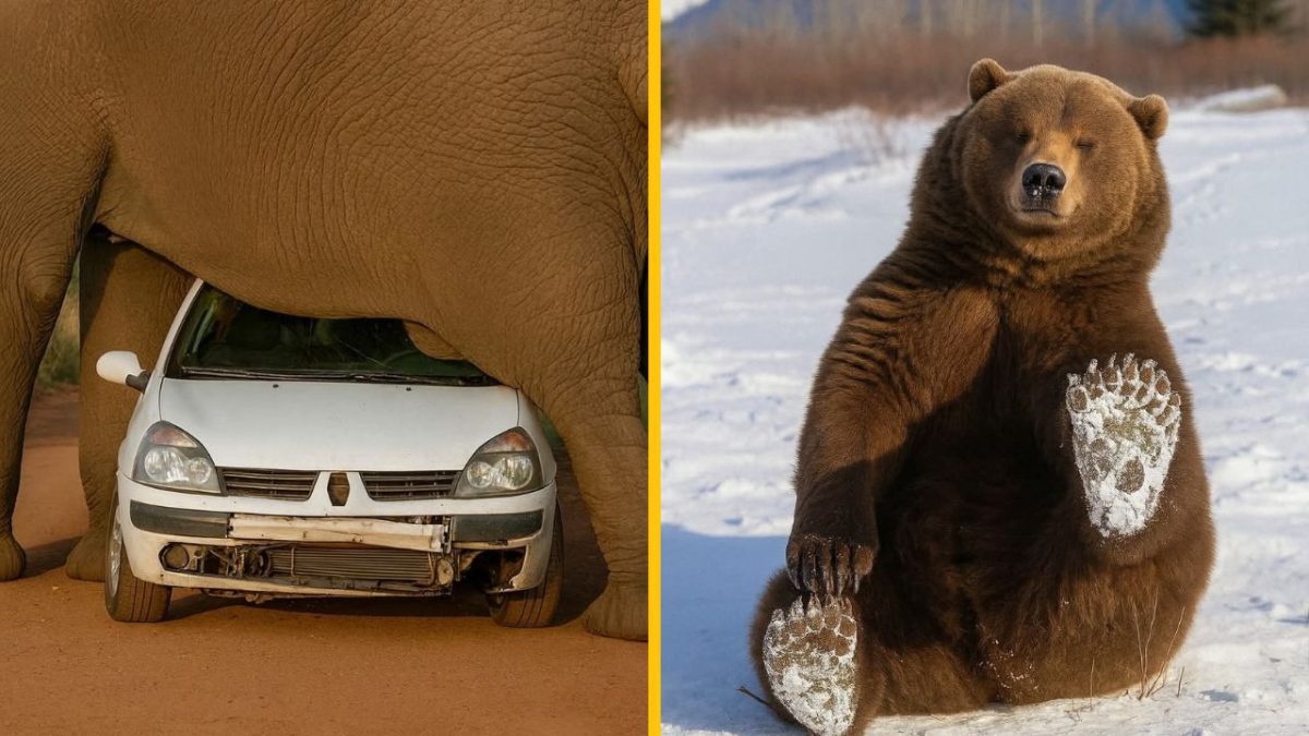 Auto pod slonom a medveď sedí na snehu, ukazuje labu s odtlačkom. Originálne momentky zo života zvierat.