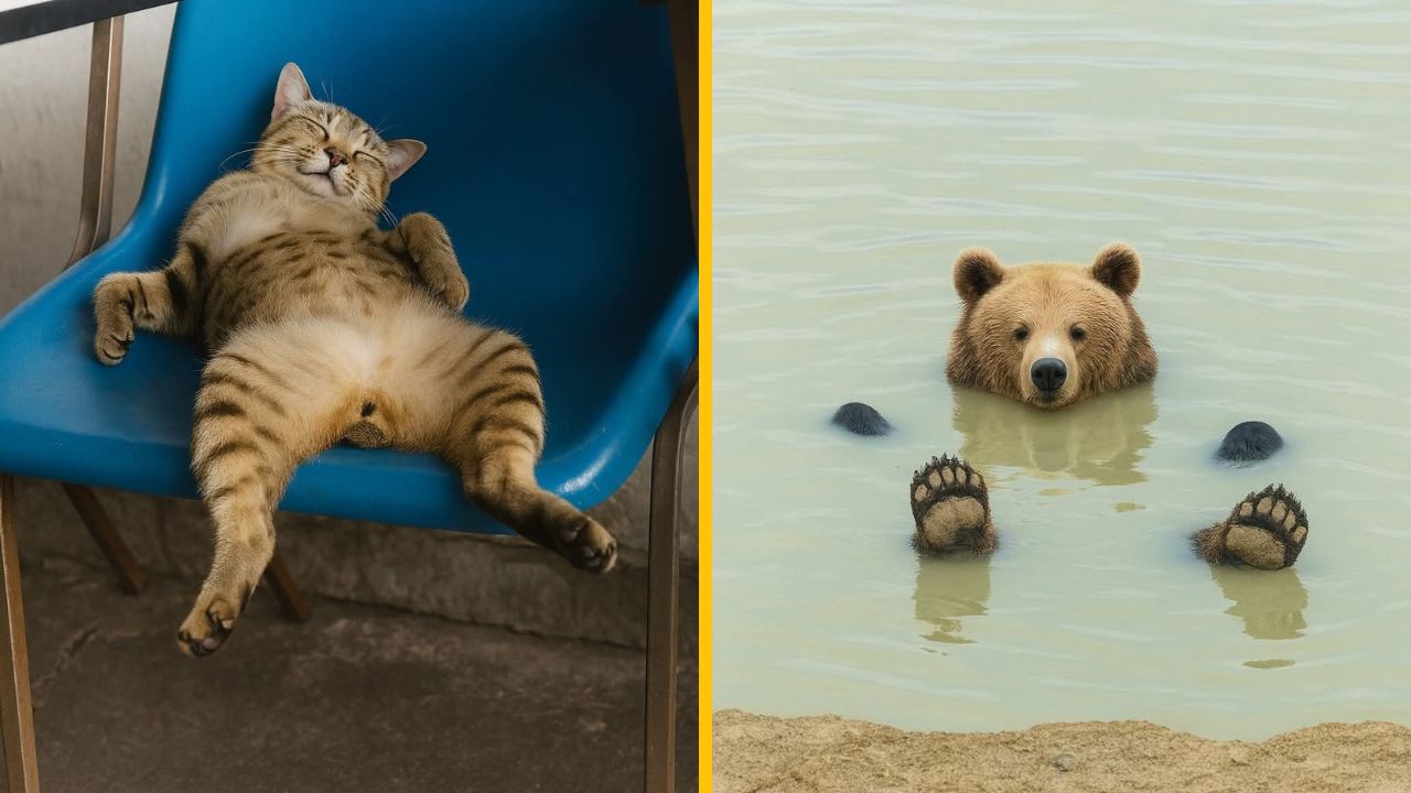 Ospalá mačka na stoličke a roztomilý medveď vo vode prinášajú pohodu a úsmev.