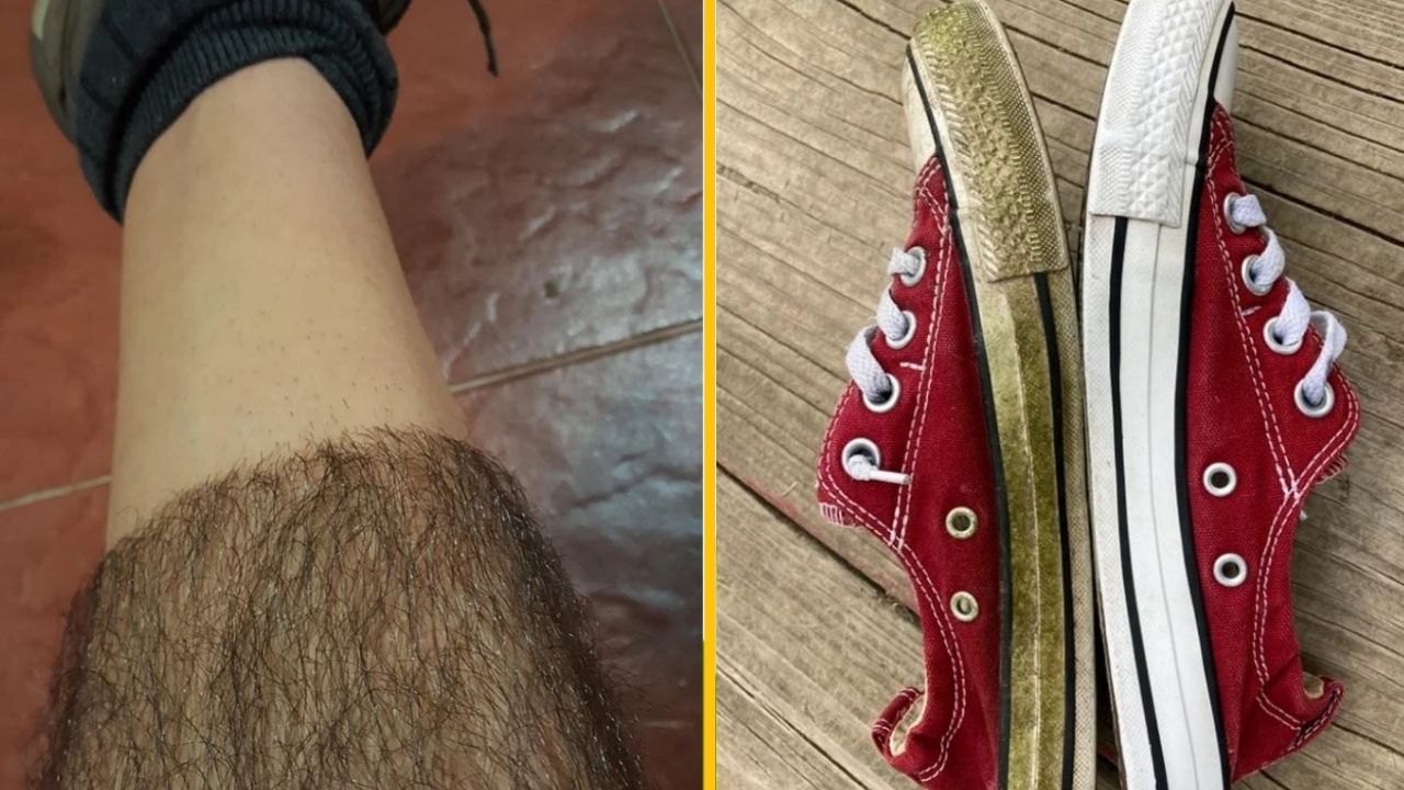 Obrázok ukazuje detail chlpatého lýtka a opotrebovanú tenisovú topánku na drevenej podlahe.