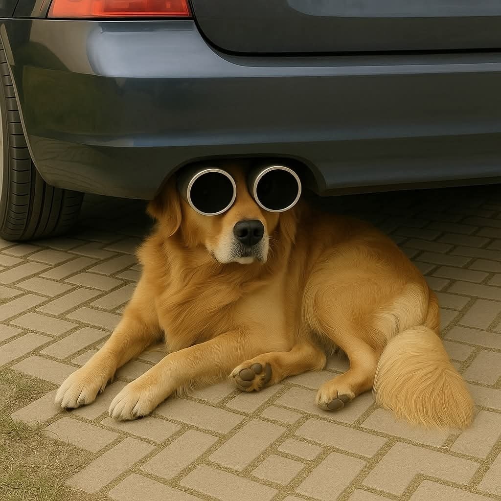 Zlatý retriever s okrúhlymi okuliarmi pohodlne leží pod autom na dláždenej ceste.