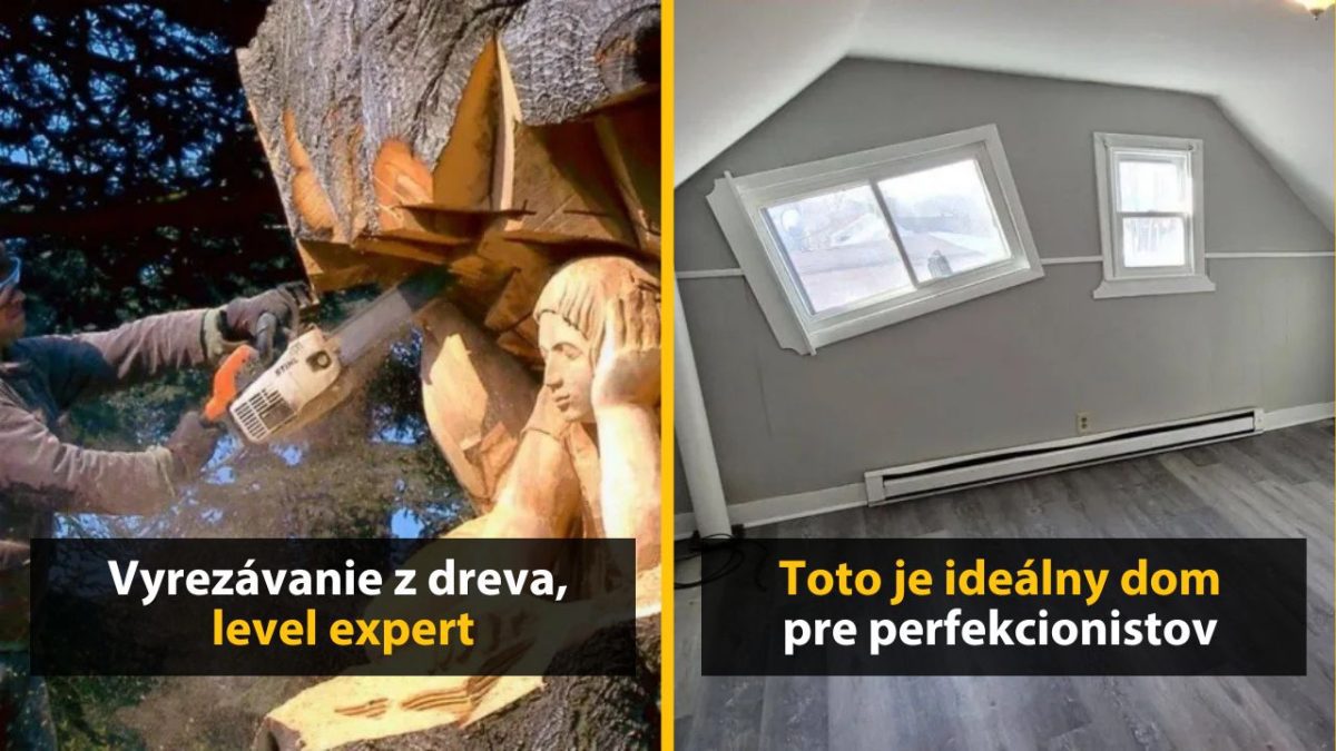 Vyrezávanie umeleckej sochy do dreva a miestnosť s naklonenými oknami pre perfekcionistov.