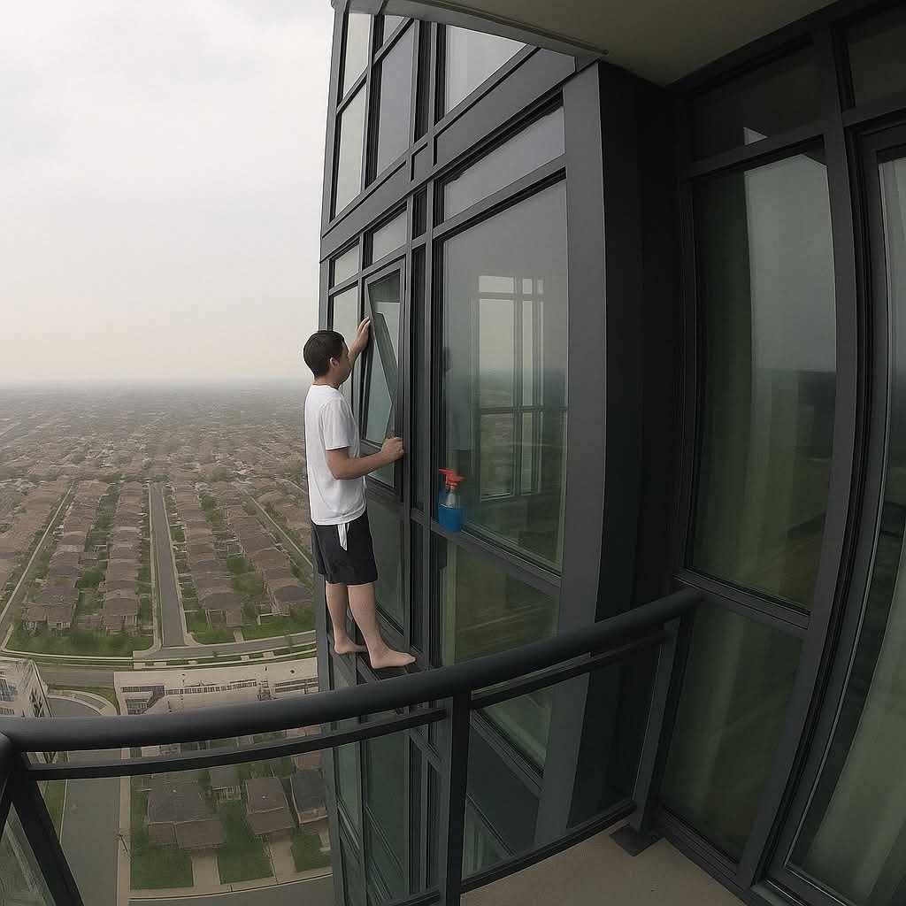 Muž čistí okno vo vysokej budove, stojí na úzkom parapete.