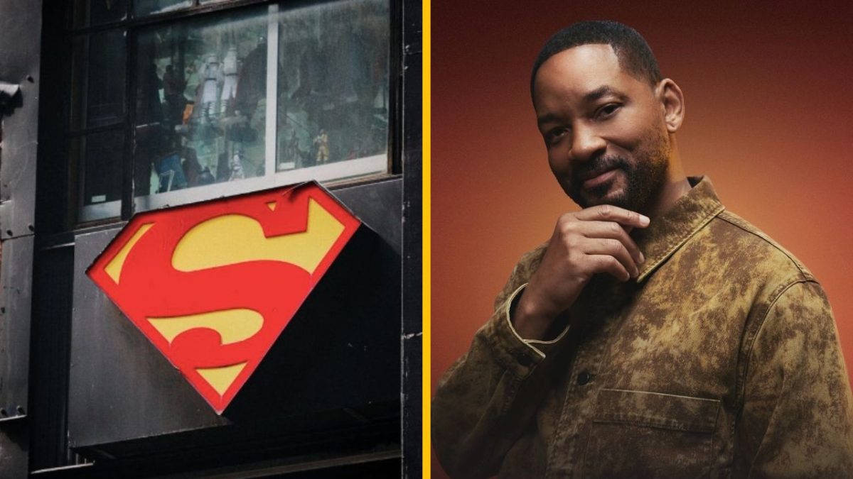 Ľavá časť: Logo Supermana na budove; pravá časť: muž v hnedej bunde na oranžovom pozadí.