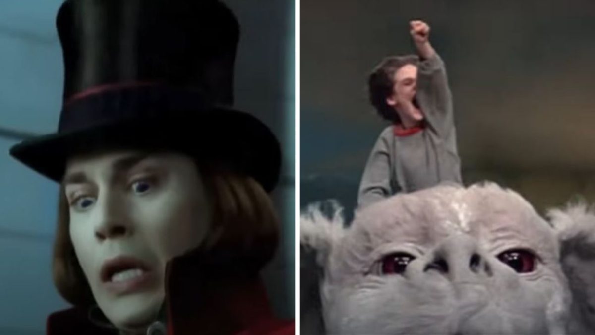 Filmové postavy v magických a dobrodružných scénach, muž s cylindrom a chlapec na drakovi.