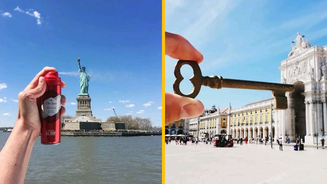 Osoba s červeným sprejom pred Sochou slobody; starý kľúč držiaci nad historickým námestím. Kreatívna perspektíva.