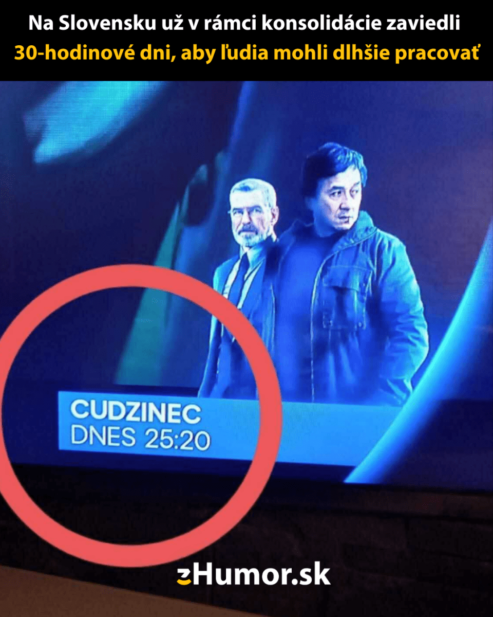Televízny program s chybným časom, vtipné zobrazenie 30-hodinového dňa.