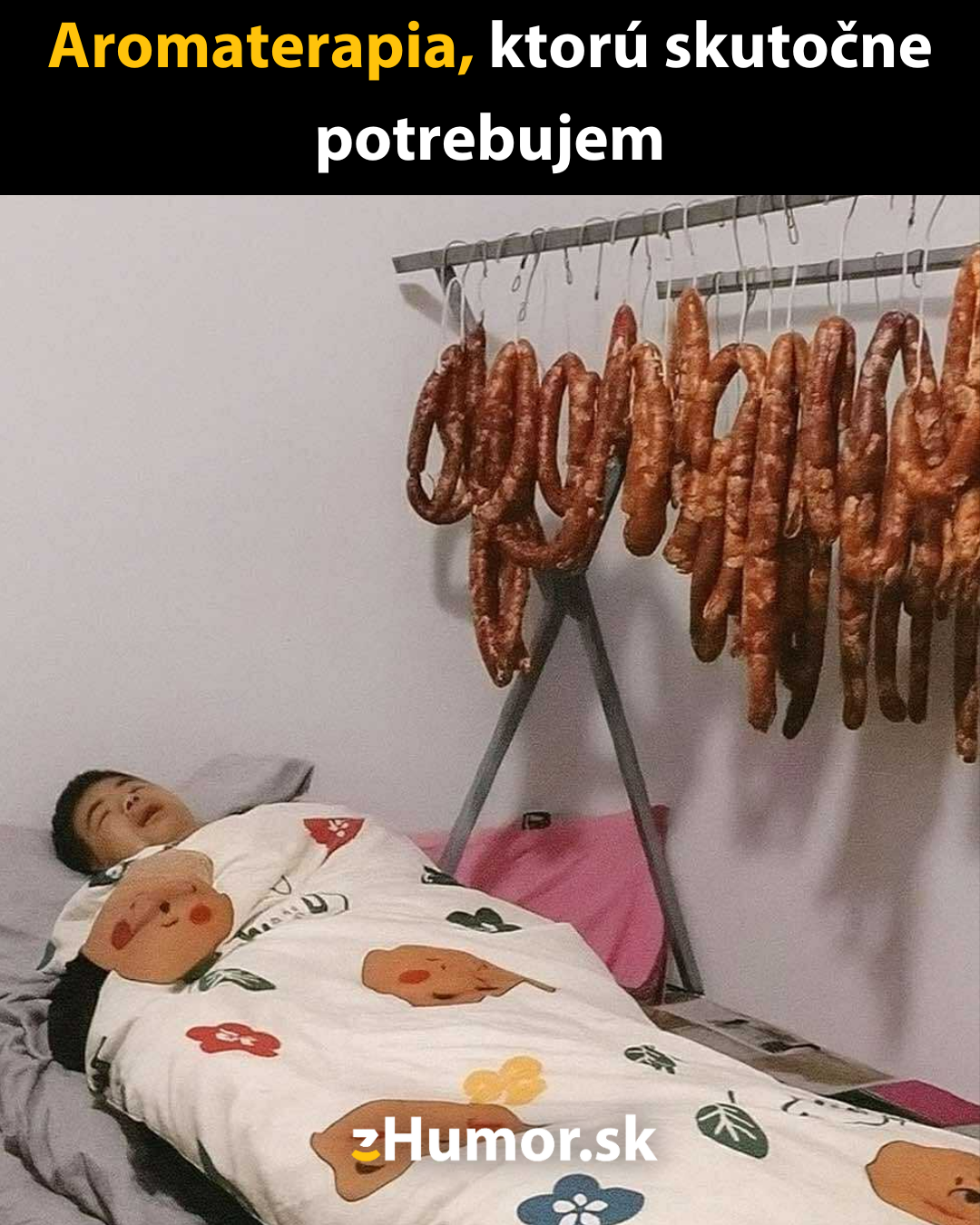 Osoba spí pod perinou vedľa stojana s vešanými klobásami. Titulok hovorí o potrebnej aromaterapii.