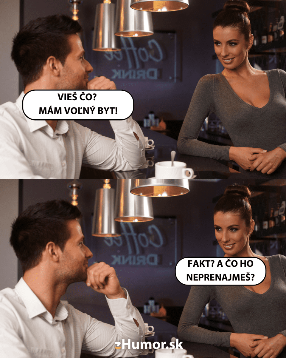 Muž a žena si v kaviarni vymieňajú vtipné poznámky o voľnom byte a prenájme.