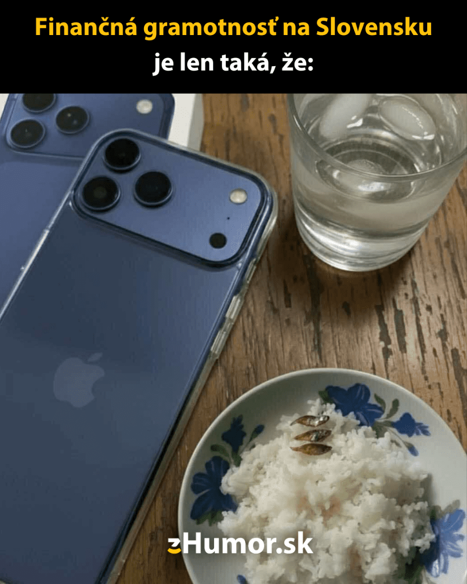 iPhone a skromné jedlo na stole, humorný pohľad na finančnú situáciu na Slovensku.