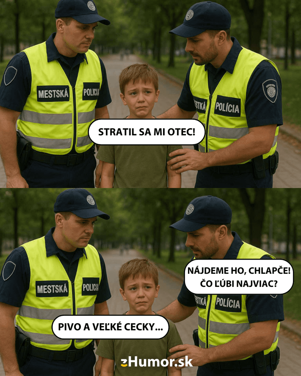 Chlapec hovorí s mestskými policajtmi o stratenom otcovi, vtipný dialóg.