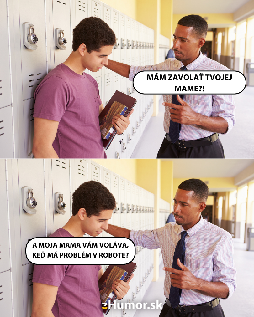 Študent a učiteľ pri skrinkách v škole, humoristický dialóg o volaní rodičov.