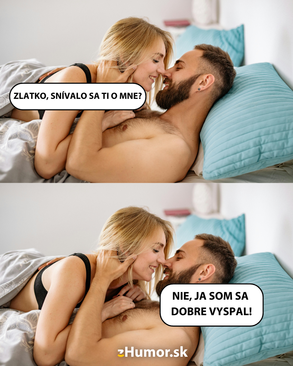 Pár leží v posteli a vtipne si vymieňa narážky o snoch a dobrom spánku.