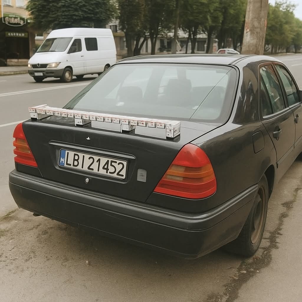 Auto s prepravkou cigariet na zadnej časti, zaparkované na strane cesty vedľa bielej dodávky.