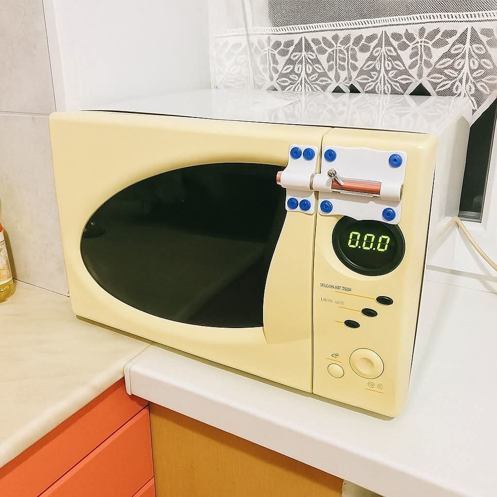 Krémová mikrovlnka s netradičným zámkom na kuchynskej linke vedľa okna.