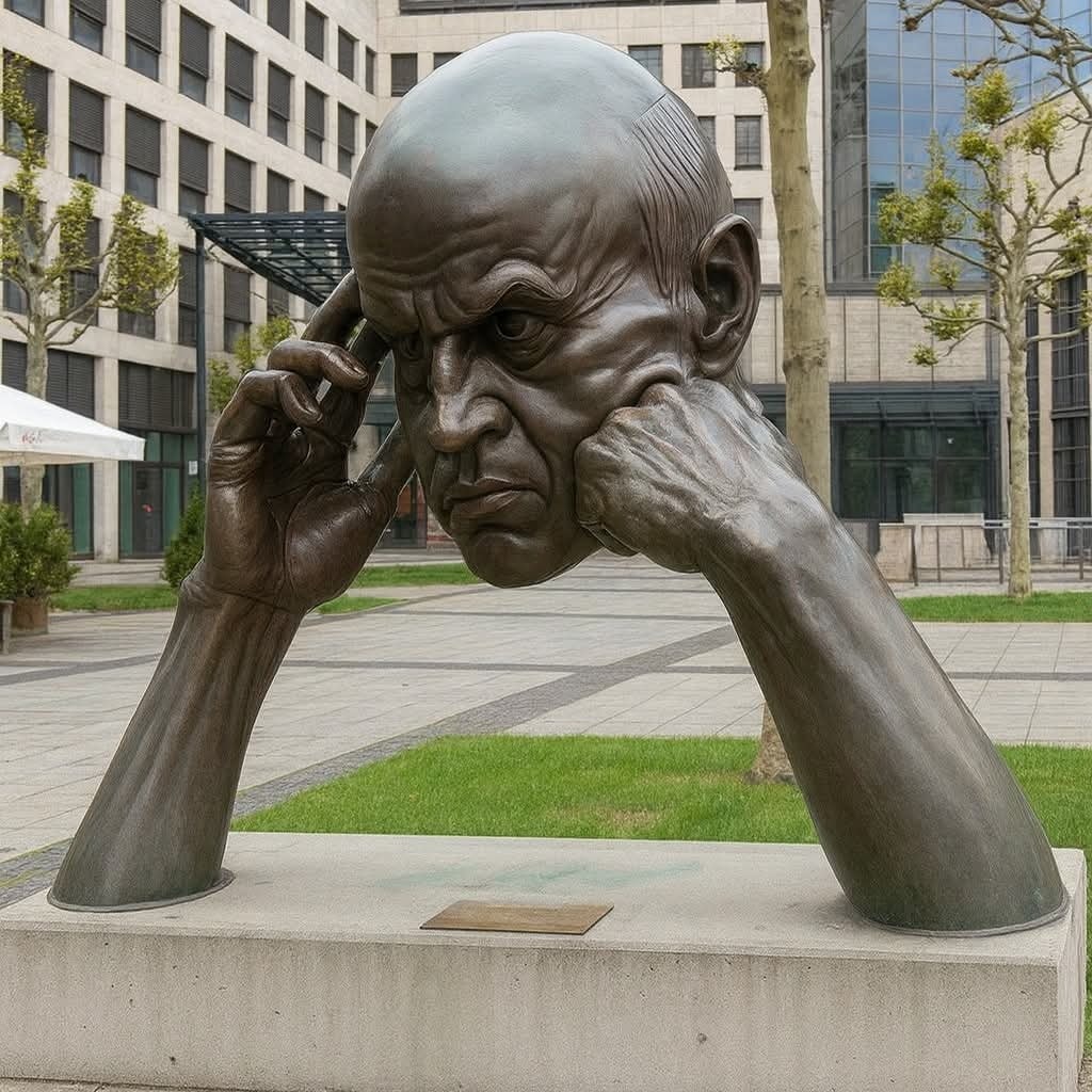Socha veľkej hlavy kontrolujúcej ulicu s výrazom zamyslenia, moderné budovy a stromy v pozadí.