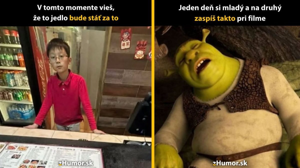 Mladý chlapec v reštaurácii a spánok pri filme so zeleným ogrom; úsmevné porovnanie momentov.