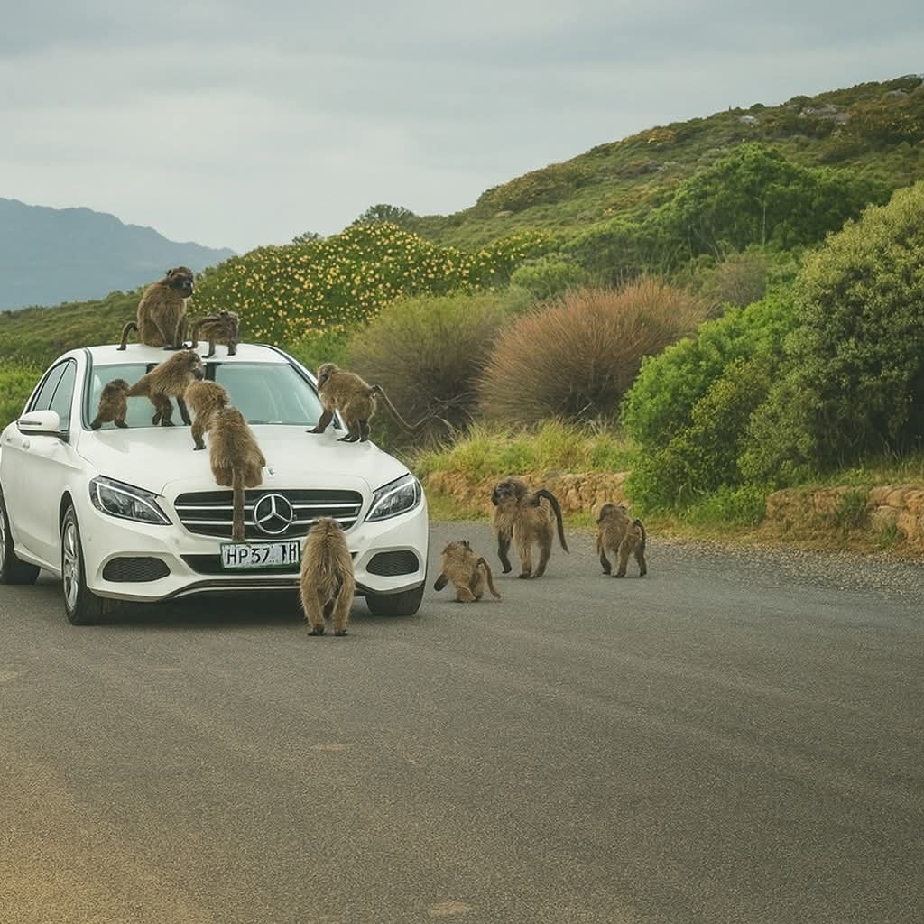 Opice zvedavo skúmajú biele auto v malebnej prírode pri ceste.