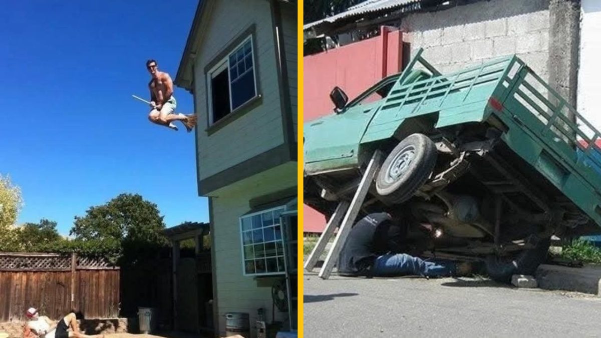 Muž skáče z okna, vedľa nákladiak na dvoch kolesách, vtipná situácia na dvore.