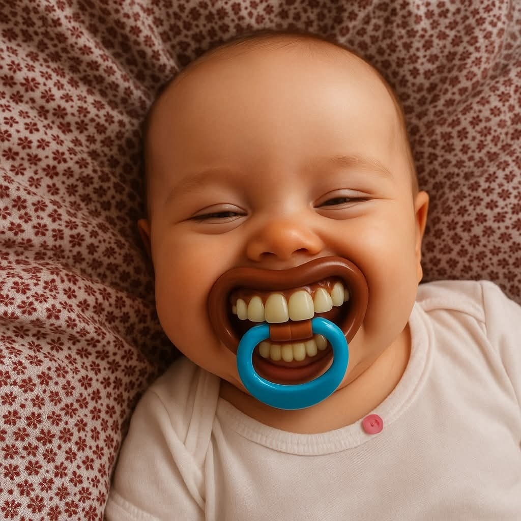 Dieťa s úsmevom na tvári a zábavným cumlíkom v tvare zubov na kvetinovom vankúši.