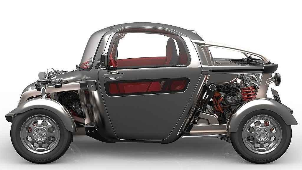 Retro futuristické auto s viditeľným motorom, sklenenou strechou, červeným interiérom a klasickým dizajnom kolies.