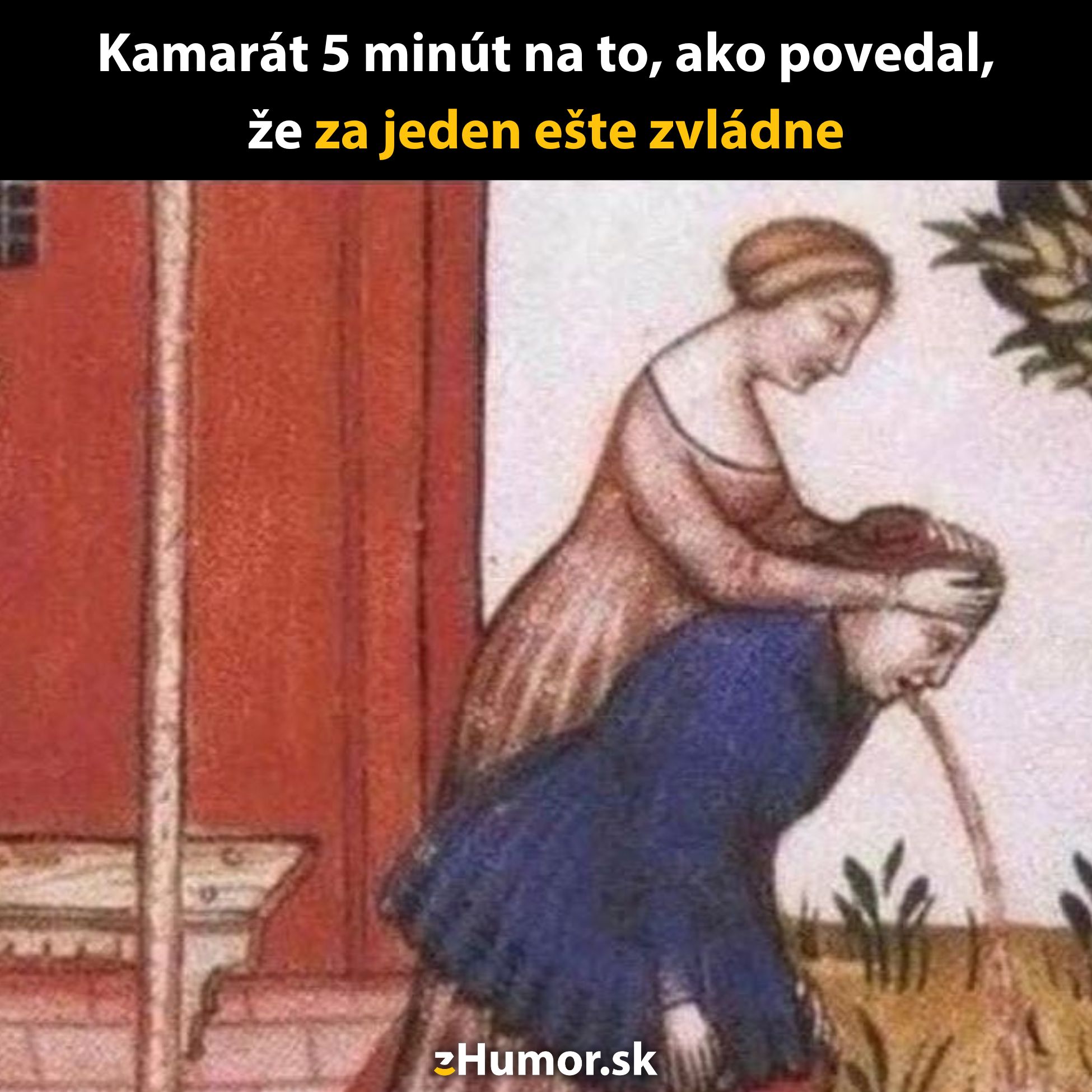 Muž zle odhadol svoje možnosti, žena mu pomáha počas nevoľnosti v stredovekom štýle, vtipná ilustrácia.