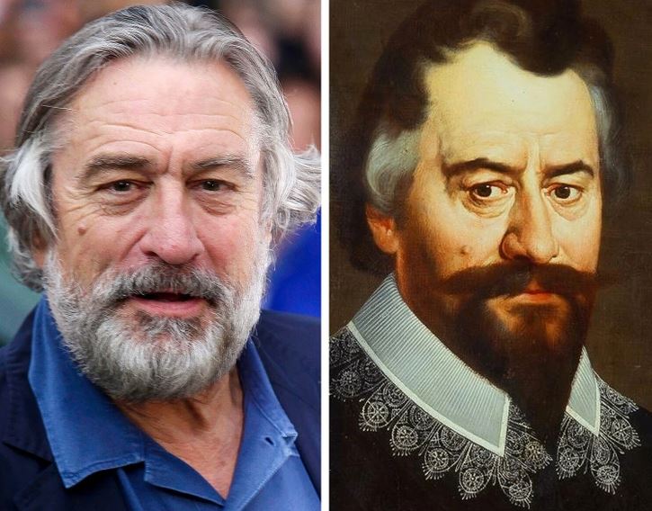 Osobnosť s bradou a historický portrét muža s fúzmi v barokovom štýle. Porovnanie moderného a historického vzhľadu.