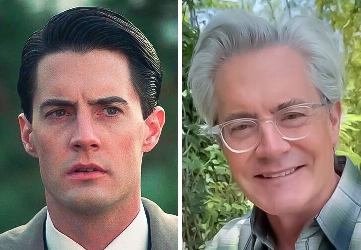 Ľavý portrét elegantného muža, pravý usmievajúci sa muž s okuliarmi v prírode.