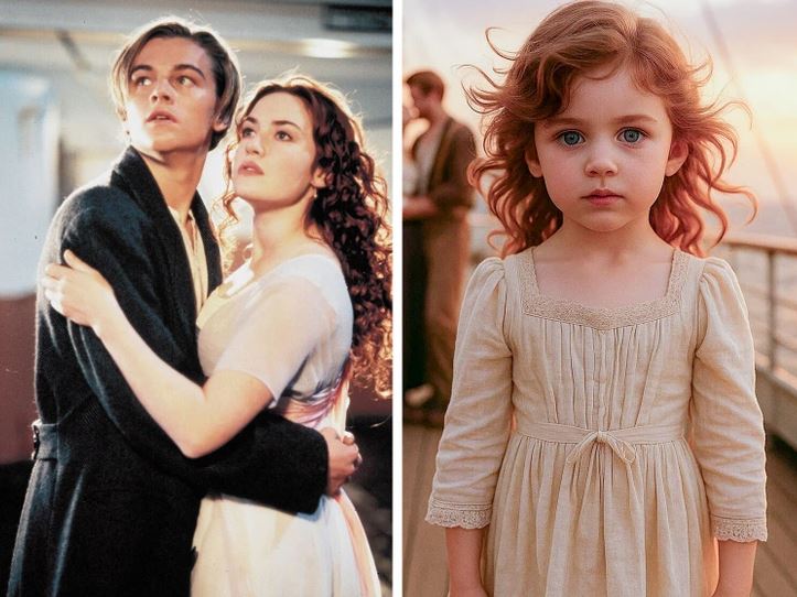 Mládenc, žena a dievča v dobovom oblečení na palube lode pri západe slnka, v romantickej atmosfére.