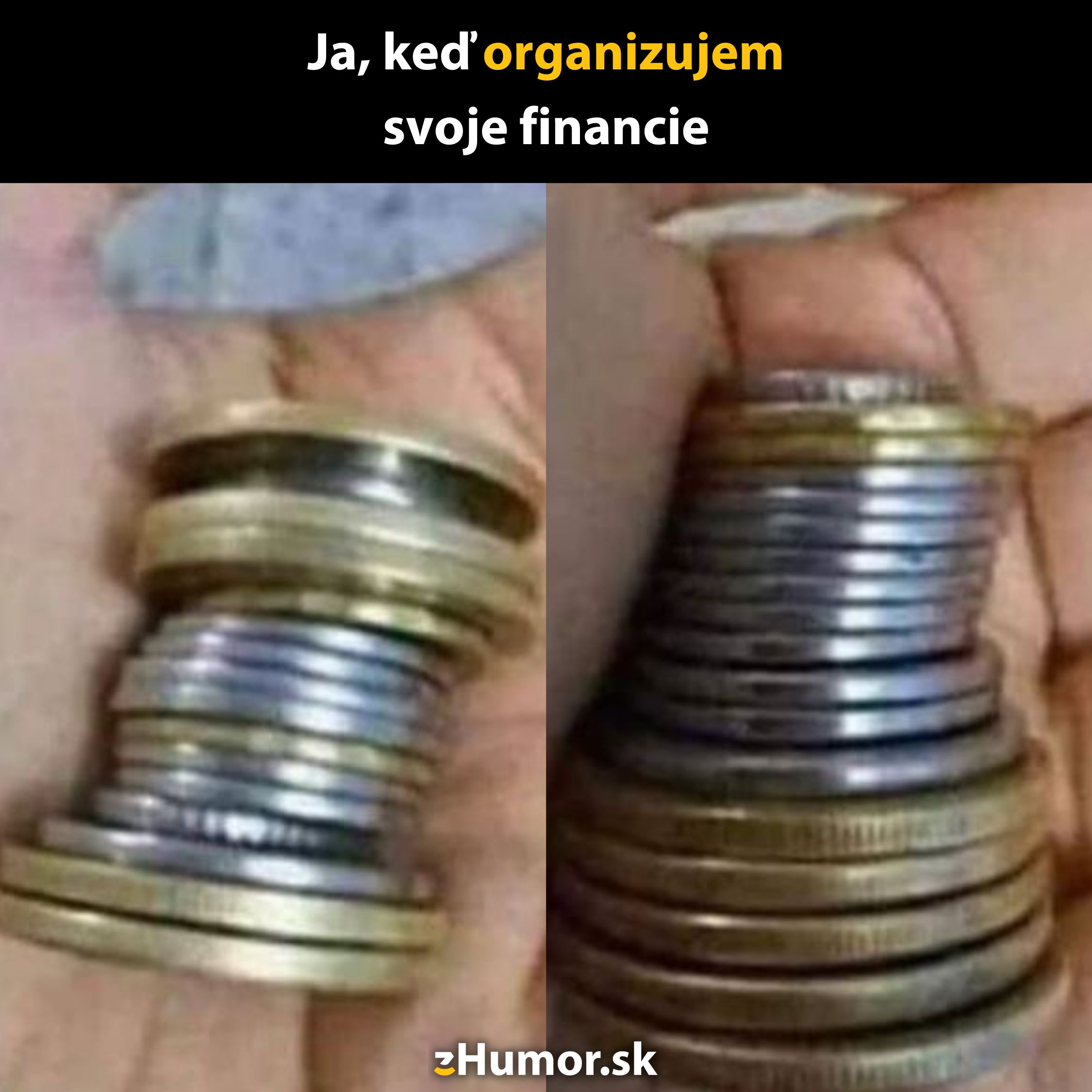 Osoba drží v ruke roztriedené mince, vtipne vyjadruje spôsob organizácie osobných financií.