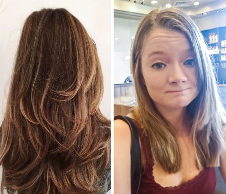 Žena pred a po zmene účesu: Dlhé vrstvené vlasy a nový kratší štýl v salóne.