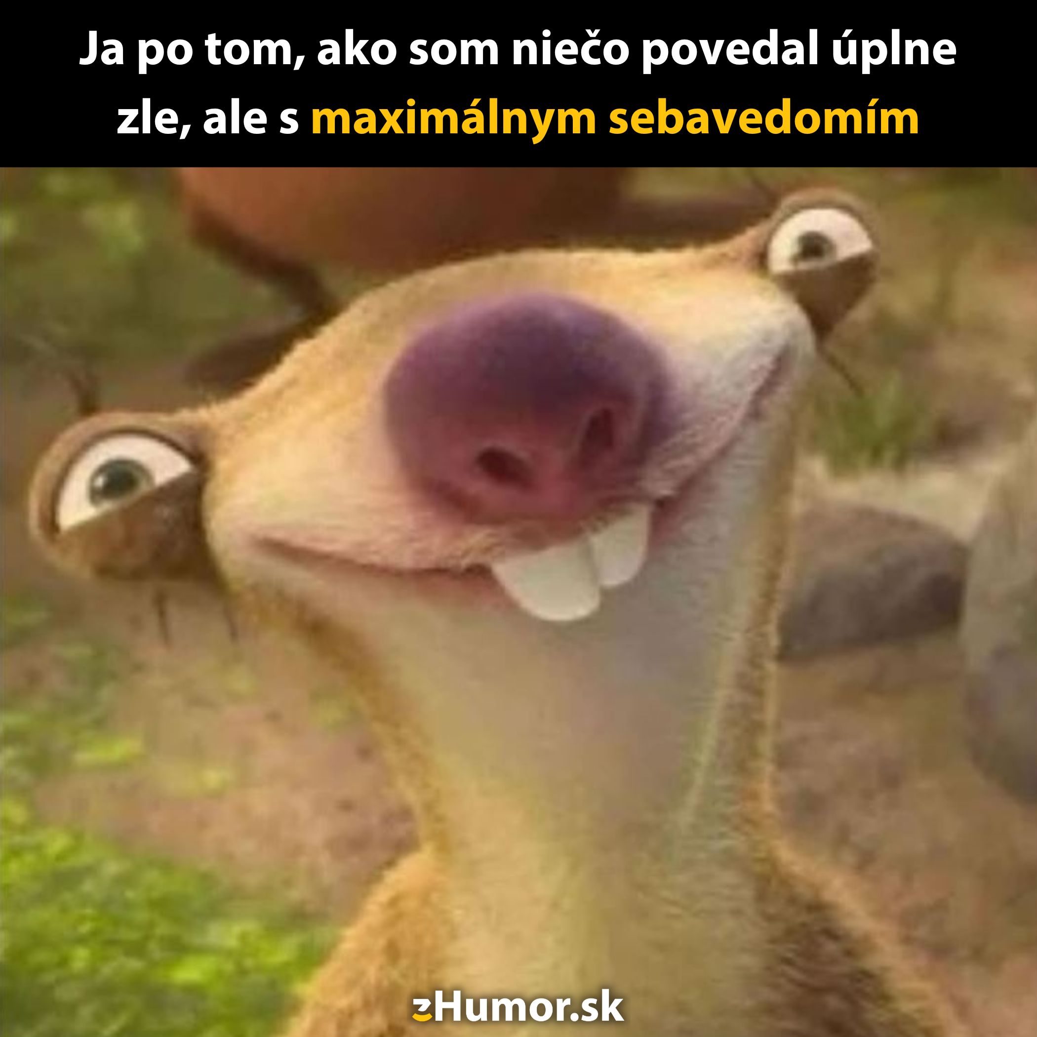 Animovaná postava usmievajúca sa s komickým výrazom, text: Ja po tom, ako som niečo povedal zle, ale s maximálnym sebavedomím.