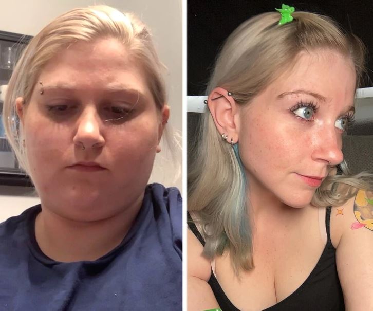 Osoba pred a po premene: zlepšenie vzhľadu a sebavedomia pomocou starostlivosti o seba.