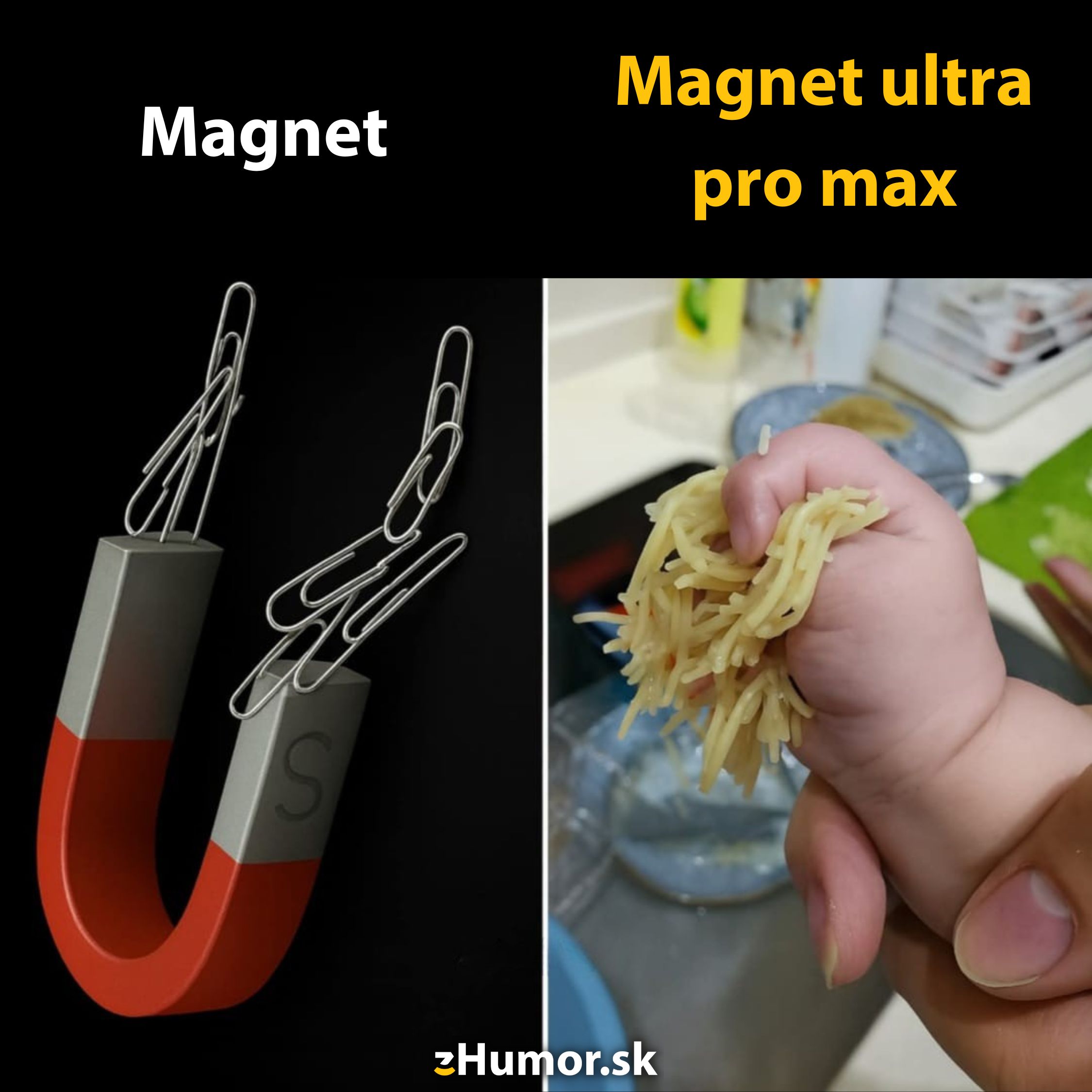 Magnet s kancelárskymi spinkami vľavo, dieťa držiace cestoviny vpravo s nápisom Magnet ultra pro max.