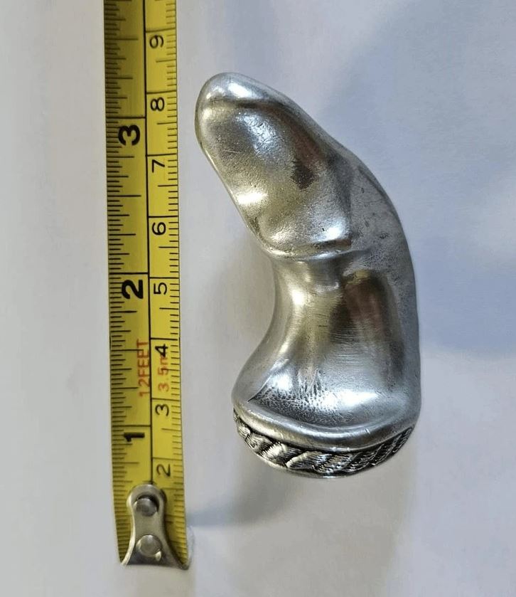 Kovový objekt vedľa pravítka ukazujúci rozmer okolo 3 palcov, neznámy účel, lesklý povrch.