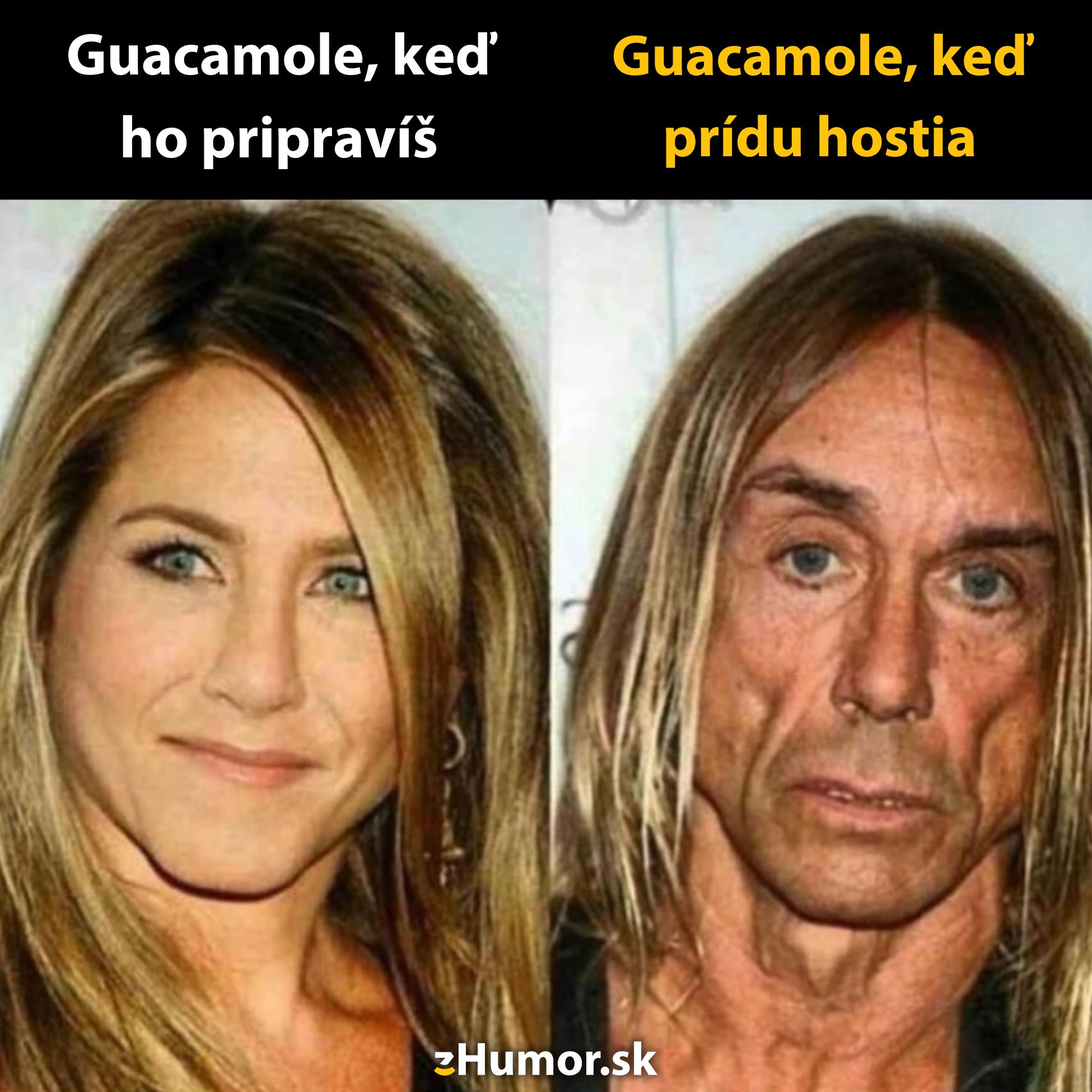 Dva portréty porovnávajúce stav guacamole: čerstvé a neskôr, keď prídu hostia.