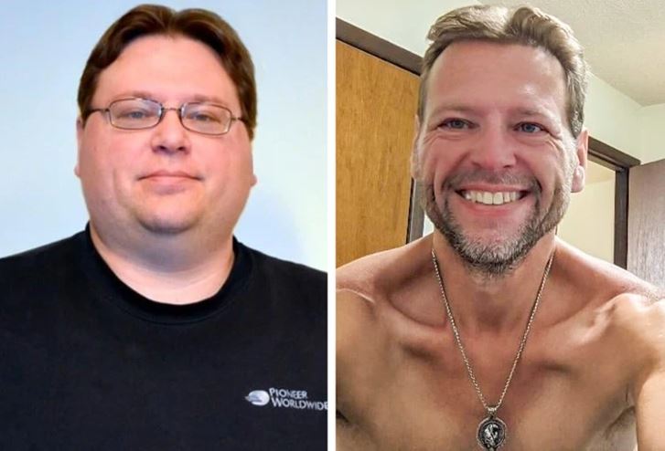 Osoba pred a po premene: výrazná zmena fyzického vzhľadu a nálady.