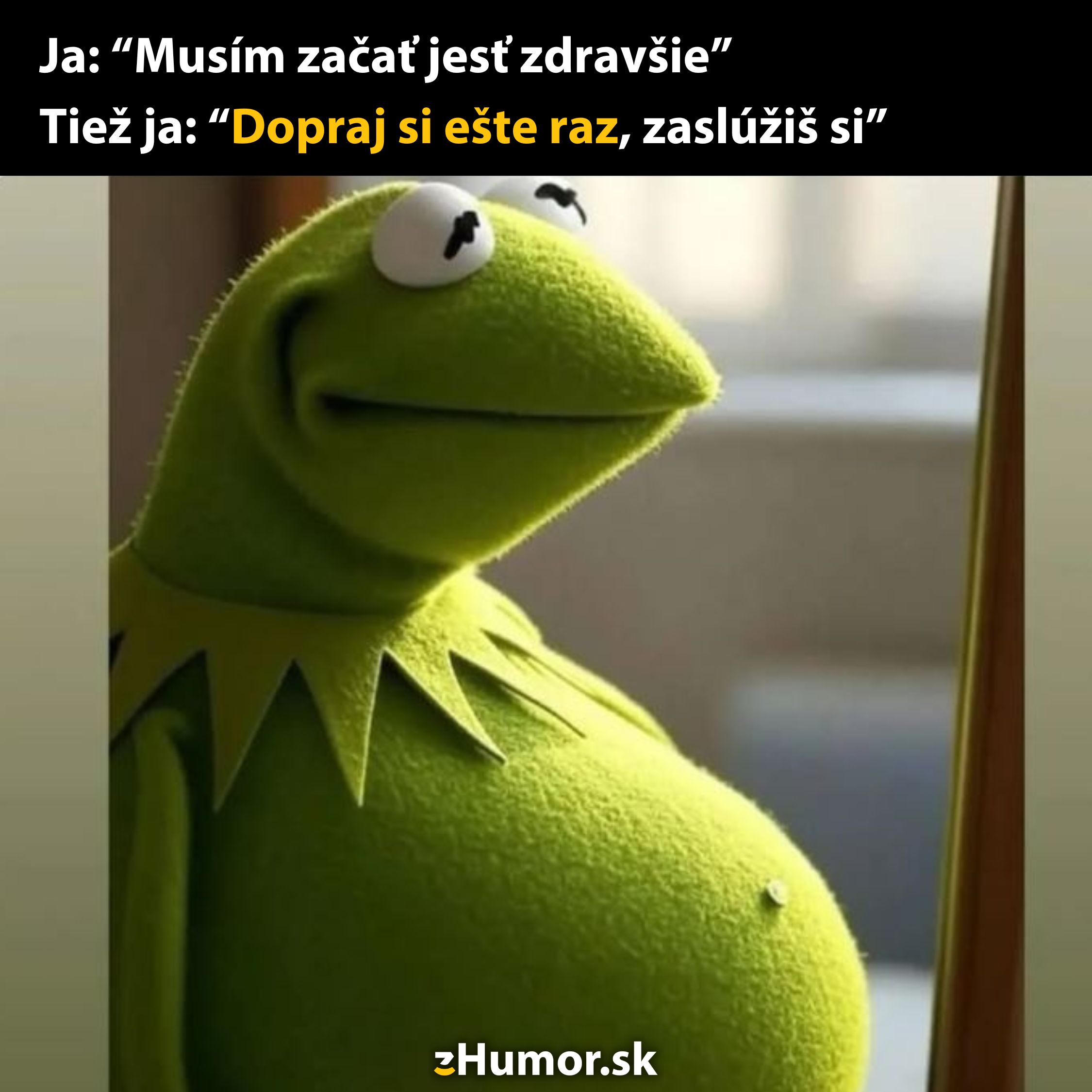 Žaba s nápisom o zdravej strave a túžbe dopriať si ešte raz, znázornenie vnútorného konfliktu.