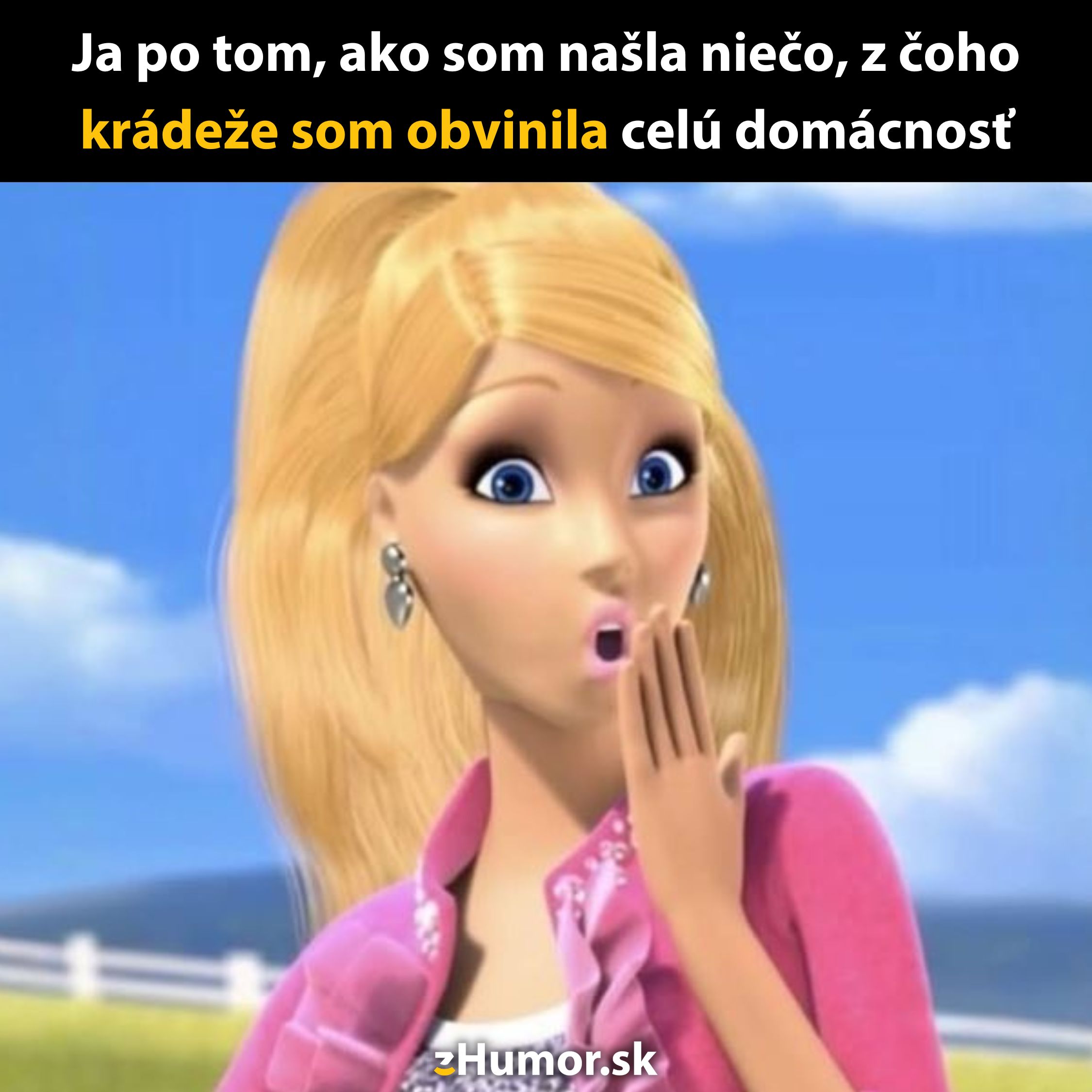 Animovaná postava s prekvapeným výrazom po nájdení strateného predmetu, ktorý spôsoboval obvinenia z krádeže.