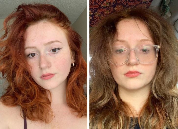 Dve fotografie ženy s rôznymi účesmi, vľavo upravené červené vlasy, vpravo prirodzený vzhľad s okuliarmi.